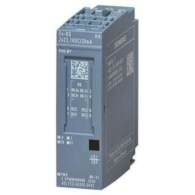 Siemens SIMATIC ET 200SP HA digital ex-i output module Ex-DQ 2x23,1VDC/20mA på grå baggrund med mærkater.