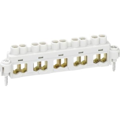 Spelsberg 5-polet klemrække KLS til 10 mm² ledninger med skrueterminaler i hvid plast og messing kontakter.