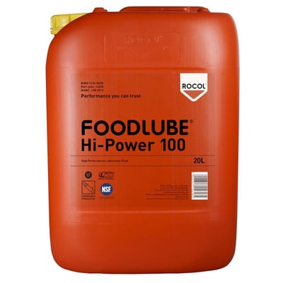Rocol Foodlube Hi-Power 100 højtydende smørefedt i 20 liters orange dunk med gul prop, med tydelige NSF og Halal mærkater.