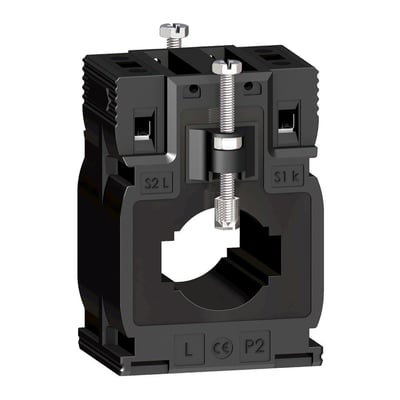 Schneider Electric strømtrafo CT 400/5A med 27mm åbning, vist med skrueterminaler og mærkning S2 L, S1 k samt CE og P2.