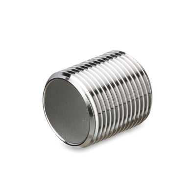 Nippelrør 4404/316L i rustfrit stål med koniske BSPT-gevind, egnet til 40 bar, vist fra enden på hvid baggrund.