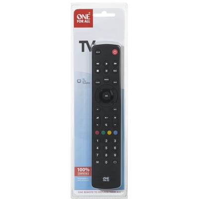 One For All URC 1210 universel fjernbetjening til TV i klar plastemballage med fokus på logo og knapper.