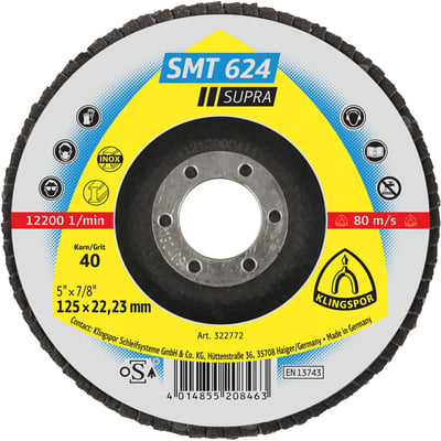 Slibetallerken SMT 624 Supra med Klingspor logo, 125 mm diameter og kornstørrelse K40, egnet til stål og rustfrit stål.