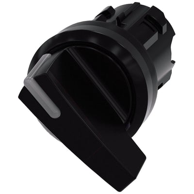 Siemens sort oplysbare omskifter med lang betjeningsknap og 22mm diameter på en hvid baggrund.