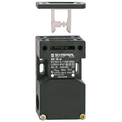 Nøgleafbryder AZ 16 zi fra Schmersal med kunststof hus og individuel kodning, vist med en monteringsdel over.