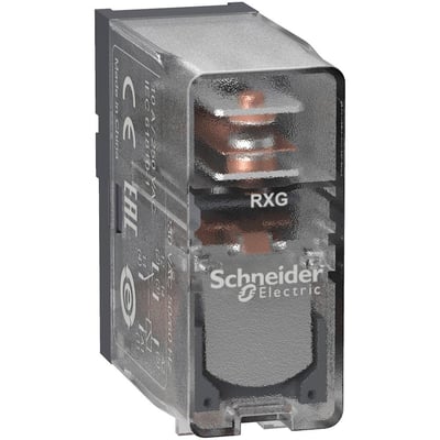 Schneider Electric Harmony RXG stikbensrelæ med 10A mærkestrøm og 230V AC spænding, vist med 1 C/O kontakt og gennemsigtigt plasthus.