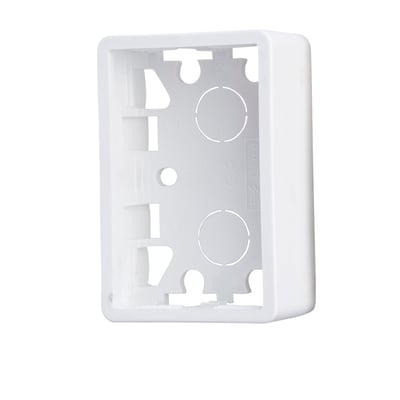 E-Line underlag til stikkontakt i hvid plast, mål 79x52x30 mm, med udstansninger til rør og kabler.