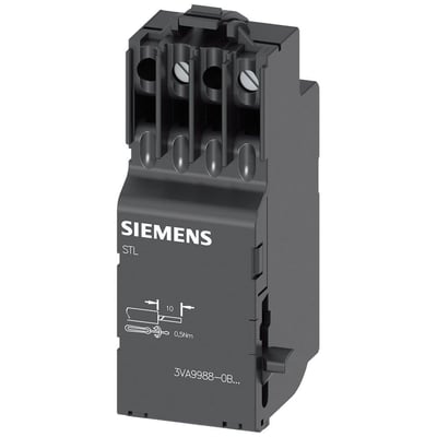 Siemens shuntudløser 3VA9 i sort plast med synlige terminalskruer og mærkat med installationssymboler.