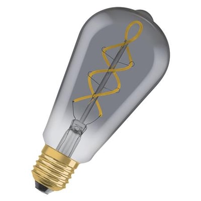 Detaljeret billede af Osram Ledvance 1906 Edison Smoke Spiral Filament LED-pære i røgfarvet glas med retro spiral glødetråd og E27 sokkel.