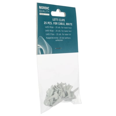Nordic Quality Letti clips til PR kabel, 25 stk. i hvid farve, vist i klar plastemballage med ophængshul.