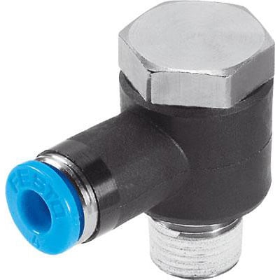 Festo QSLV-1/2-12 vinkel-forskruning med 8mm slangeindtag og udvendigt gevind. Den sorte plastkrop har en blå push-in fitting og et blankt metalgevind.