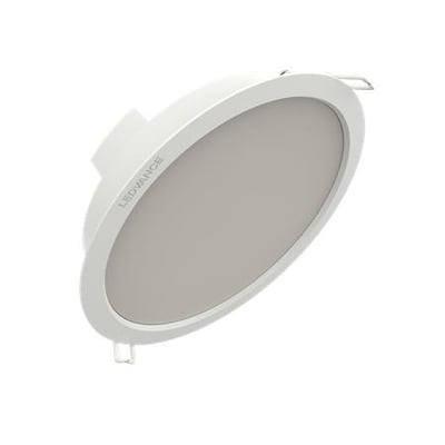 Hvid Ledvance DN 165 downlight IP44 med rund front og bred, mat lysflade, 13 W og farvekode 830.