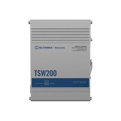 Teltonika TWS200 industriel POE+ Ethernet switch med 8 Gigabit porte og 2 SFP porte, fremstillet i Litauen.