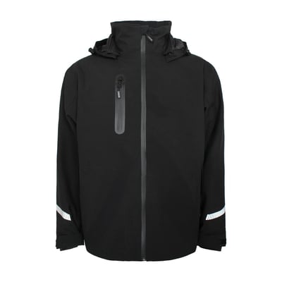 Åndbar og vandtæt sort Lyngsøe Rainwear vinterjakke 4WS-4097 i str. 5XL set forfra med hætte og refleksdetaljer.