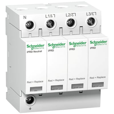 Schneider Electric A9 iPRD 65r overspændingsafleder med N, L1/L, L2/L, L3/L markeringer og 'Red = Replace' indikatorer.