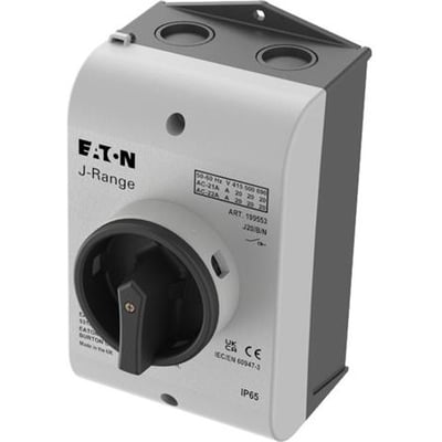 Eaton J-Range reparationsafbryder, 20A, 3-polet+nul, IP65-klassificeret, med aflåseligt håndtag og tydelig mærkning.