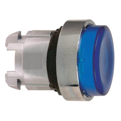 Venstreprofil af Schneider Electric ZB4BW163, blå lampe-trykhoved med synlige monteringsklips på en 22mm sølvfarvet base.