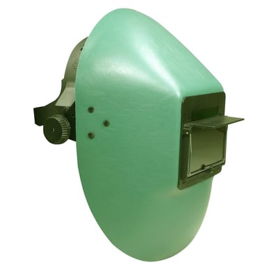 Svejsehjelm AR-13 GF i lysegrøn med fast ramme på 60x110 mm og sigterude på 22x108 mm, hvid baggrund.