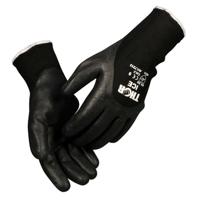 Boisen Safety THOR ICE vinterhandske str. 11, sort, halvdyppet i nitril med hvid ribkant og trykte certificeringer på ærmet.