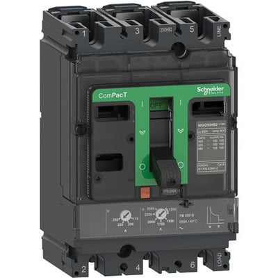 Schneider Electric ComPacT NSX100F maksimalafbryder, 3-polet, med grønt håndtag i 'OFF' position og tydelige mærker på fronten.