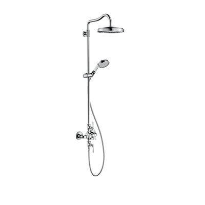AXOR Montreux showerpipe med termostat, 240mm hovedbruser og håndbruser, vist frem på hvid baggrund.