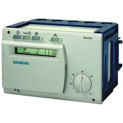 Siemens RVD250-A fjernvarme regulator med et grønt digitalt display og drejeknap til temperaturindstilling.
