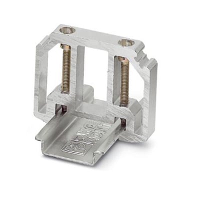 Nærbillede af Phoenix Contact endeholder E/AL-NS 35 i aluminium, vist med to skruer og klemfunktion til DIN-skinne.
