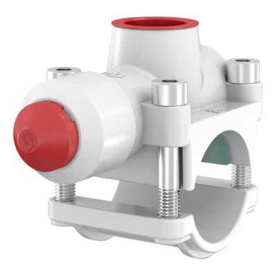 Flamco T-Plus anboringstee i hvid plast med 42 mm x 3/4" tilslutning og rød betjeningsknap, vist på hvid baggrund.