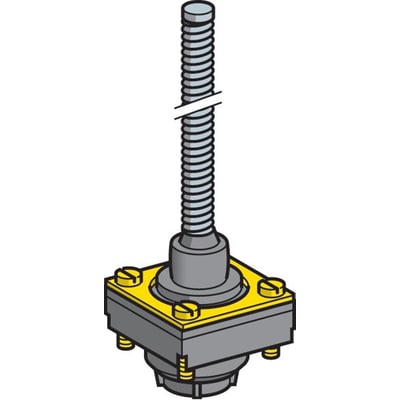 Illustration af Schneider Electric ZCK-D08 endestopshoved med et firkantet, gult topstykke og monteringsskruer, samt en grå drejekrave.