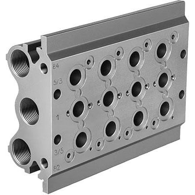 Festo Manifold block PRS-1/8-4-BB, grå aluminiumsblok med gevind og flere runde porte arrangeret i rækker.