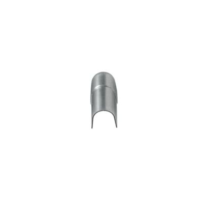 ABB M-end22 endestykke til 22 mm M-dækskinne med afrundet top og åben, buet underside set forfra.