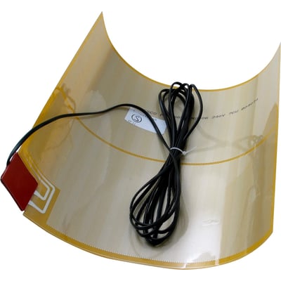 Heatcom spejlvarme 36W, 400x450 mm, vist med den gule varmefolie og tilslutningskabel.