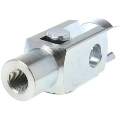 SMC gaffelled i rustfrit stål til CP95/96 cylindre med M20x1,5 gevind, vist med gevinddetalje og leddelte klemmer.