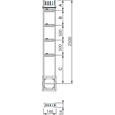 Teknisk tegning af Schneider Electric Canalis KS stigeledningsskinne, 400A, 2,5m, hvid med dimensioner og afgreninger angivet.