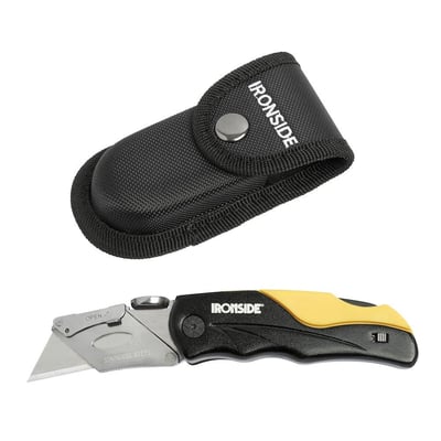 Ironside foldekniv med sort og gult to-komponentgreb og 60 mm klinge, vist udfoldet sammen med sort tekstilhylster.