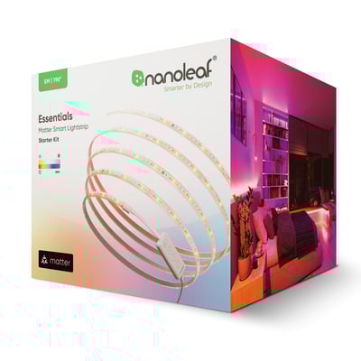 Nanoleaf Essentials Matter Smart Lightstrip Starter Kit 2 meter pakke i hvid med illustration af tilsluttet lysstribe og stuen.
