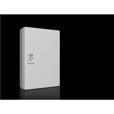 Rittal KX elskab i stålplade med monteringsplade og låge, 200x300x80 mm, vist på sort baggrund.