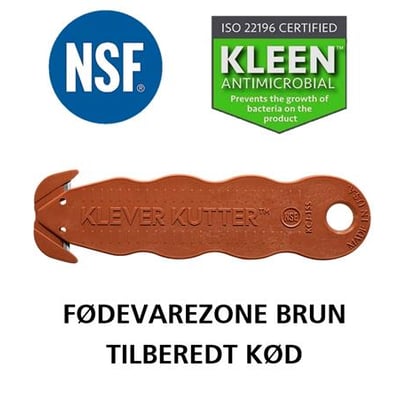 Klever NSF kniv i brun til fødevarezoner med skjult klinge og KLEEN™ Antimikrobiel. NSF og ISO 22196 certificeringer.