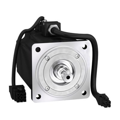 Schneider Electric servomotor, 80mm, 750W, med notaksel, korte kabler og stik, klar til tilslutning i maskininstallation.