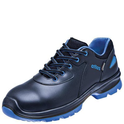 Atlas sikkerhedssko GTX 563 XP 2.0 i str. 49, fremstillet af sort okseskind med blå detaljer og GORE-TEX mærke.