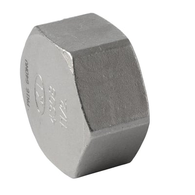 Rustfri ståls 6-kantet slutmuffe med 2 1/2" gevind, mærket PN16, 4408 og ISO 228-1G.