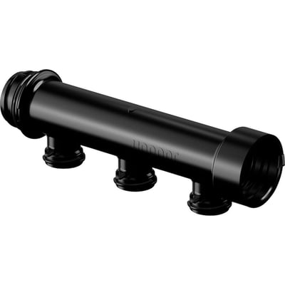 Uponor Aqua Plus PPM fordelerrør i sort PPSU med 3 afgange og 50mm centerafstand, vist på hvid baggrund.