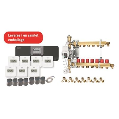 Roth Grab and Go gulvvarmepakke med shunt, kontrolenhed, syv rumtermostater, syv termomotorer og diverse koblinger til 20mm rør.