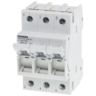Siemens 3-polet sikringsafbryder 5SG7 D01/16A til 400V AC, med nummererede tilslutninger 1-6 for nem installation.