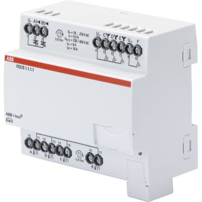ABB KNX fancoil kontroller FCC/S 1.1.1.1 med tydelige terminaler og mærkat for ABB i-bus på hvid baggrund.