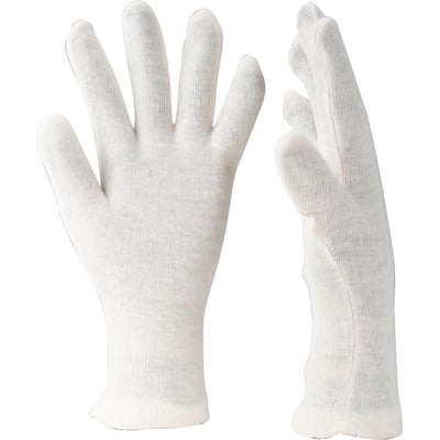 To hvide OX-ON Knitted Comfort 13304 inderhandsker i størrelse 10, lavet af 100% bomuld, vist fra forskellige vinkler.