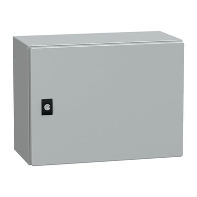 Lukket Schneider Electric CRN metal vægskab i RAL7035, 300x400x200 mm, med lås på fronten, IP66-klassificeret.