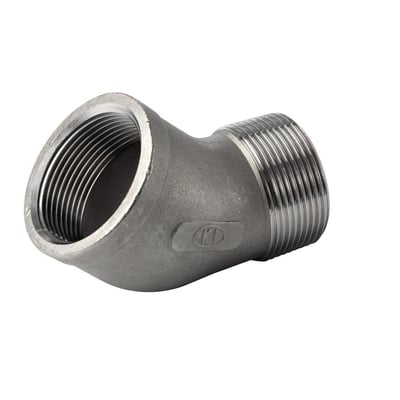 Vinkel 45gr nippel/muffe i AISI 316 stål med 3/8" gevind. Fremhæver den rustfri overflade og indvendige gevind.