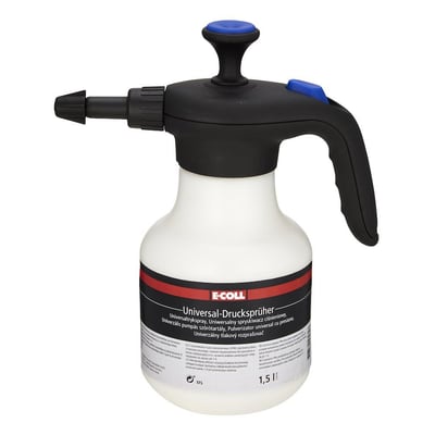 E-Coll universal tryksprøjte på 1,5 liter i hvid plast med sort pumpehåndtag og justerbar dyse.