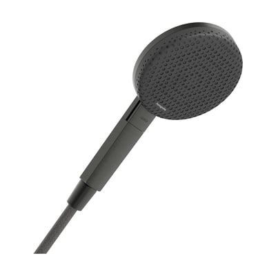 Hansgrohe Raindance Alive S håndbruser i børstet sort krom med 125 mm diameter og Select-knap til strålevalg.